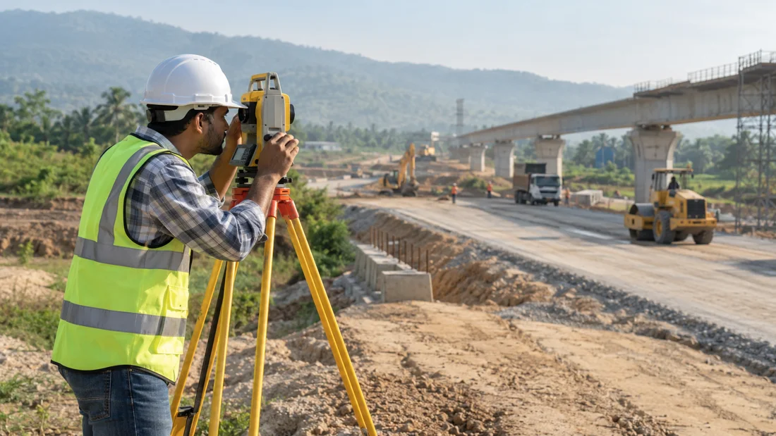 Illustrative engineer operating a total station beside a highway